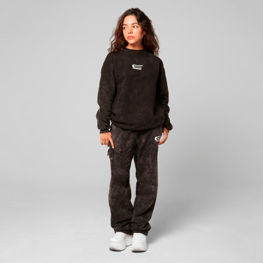 Women Black Acid Wash Crewneck Sweatshirt 385G