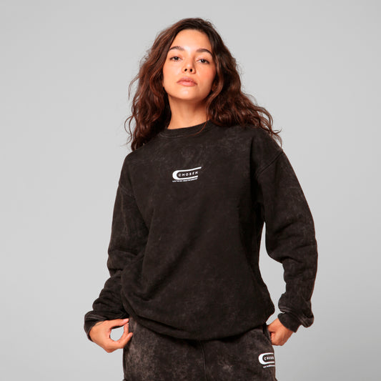 Women Black Acid Wash Crewneck Sweatshirt 385G