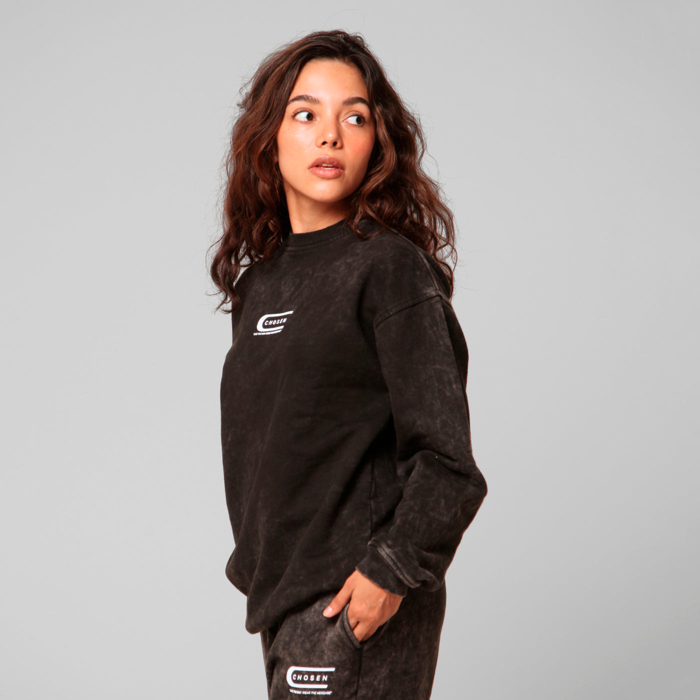 Women Black Acid Wash Crewneck Sweatshirt 385G