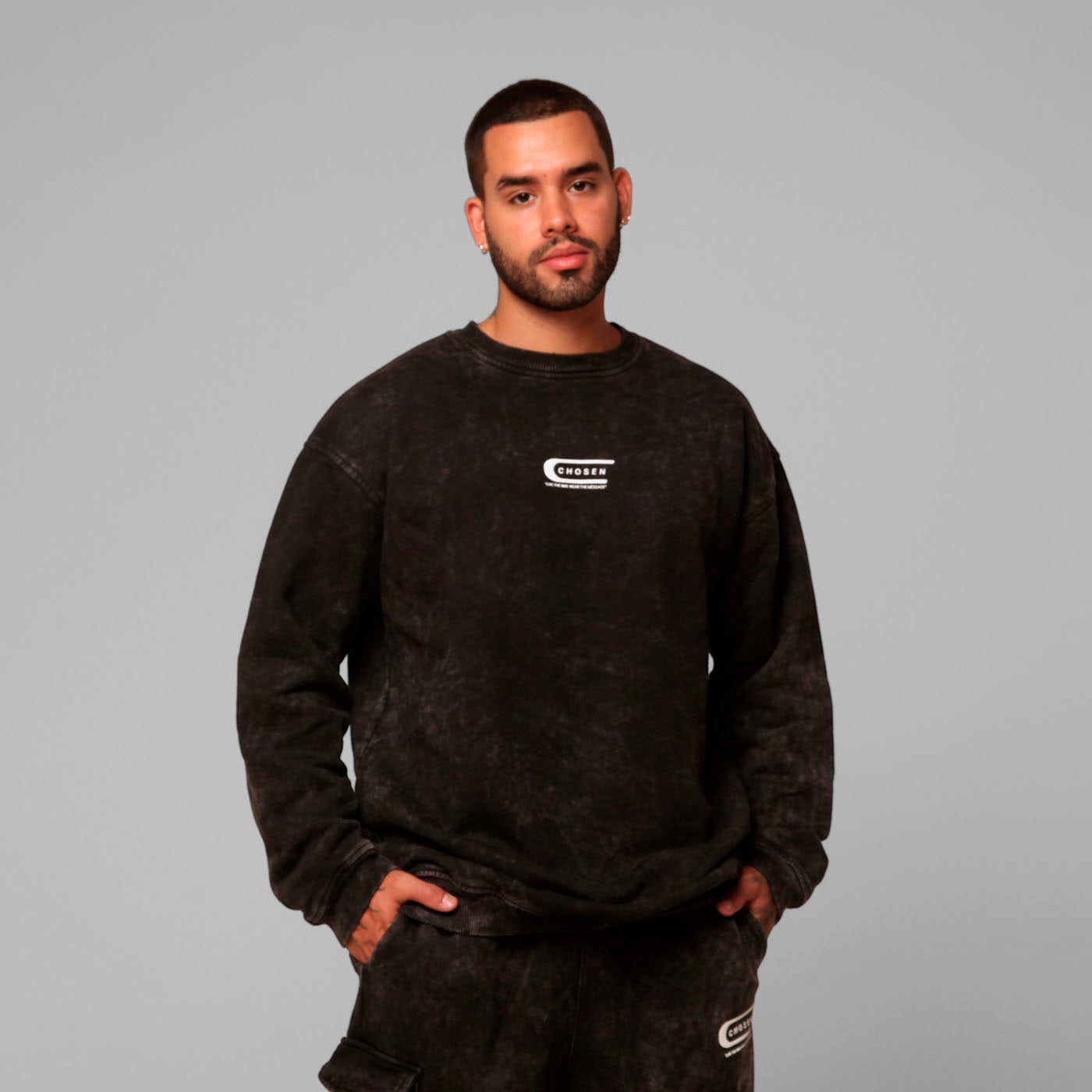 Black Acid Wash Crewneck Sweatshirt 385G